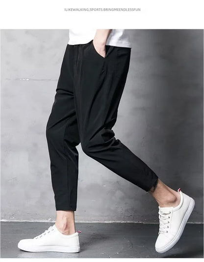 Summer Casual Men's Straight-leg Cropped Pants Ice Silk Elastic Small Foot Trendy Sports Korean Style Youth Pants