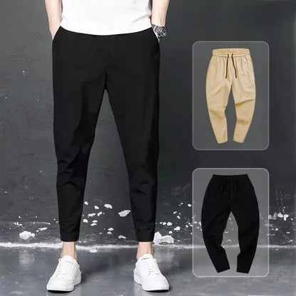 Summer Casual Men's Straight-leg Cropped Pants Ice Silk Elastic Small Foot Trendy Sports Korean Style Youth Pants