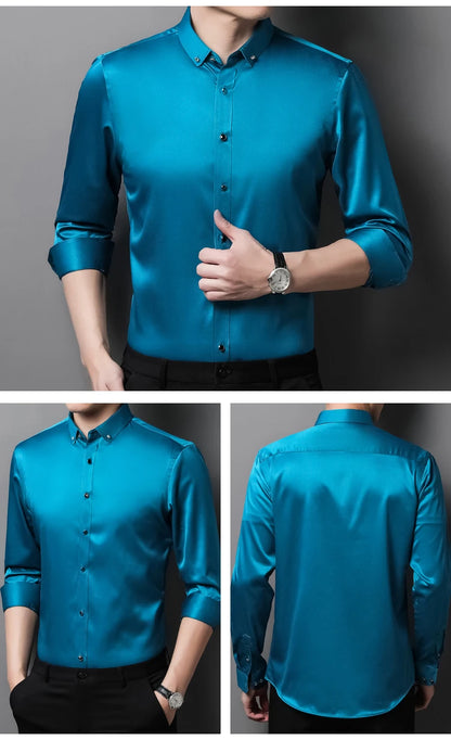 Elegant Men's Long Sleeve Dress Shirt - Silk-Feel, Stretch Fabric with Diamond Buttons, - Perfect for Formal Occasions & Parties