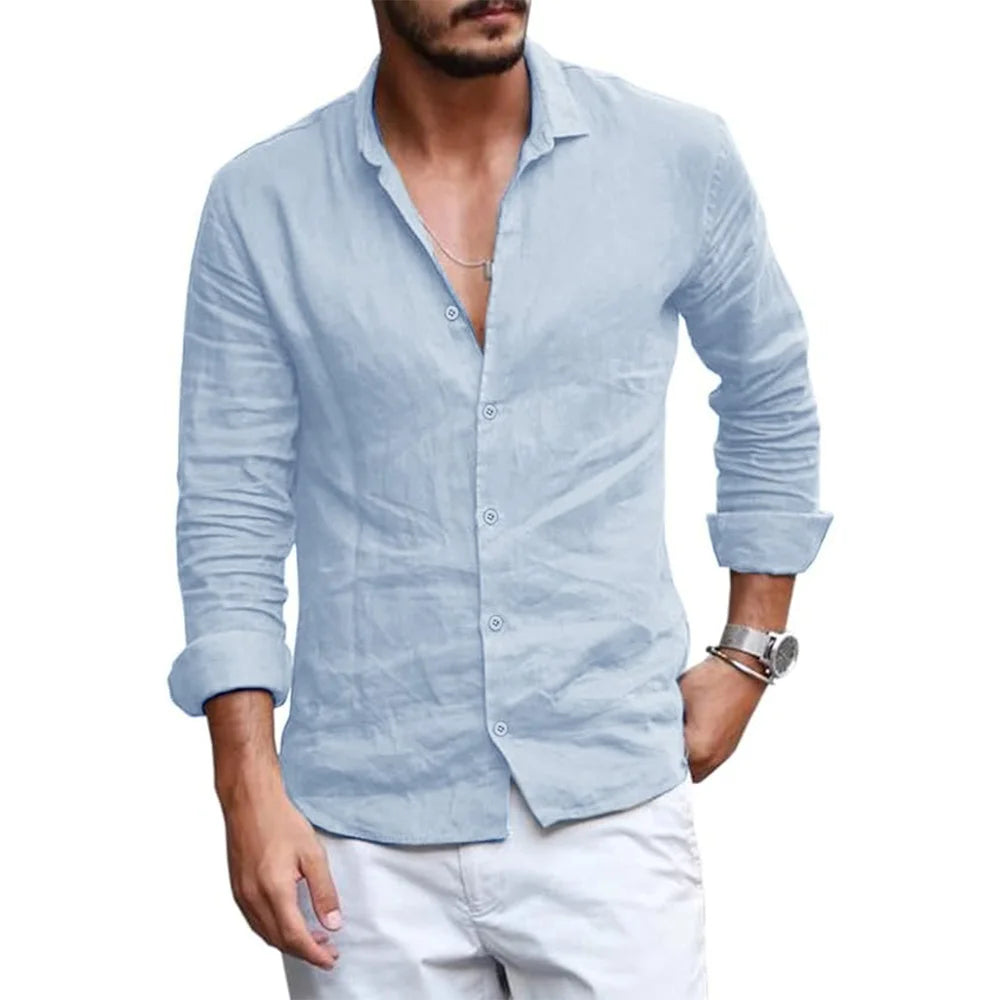 Summer Men Shirt Beach Cotton and Linen Shirts Men Cardigan Tops Long Sleeved Lapel Collar Men Clothing