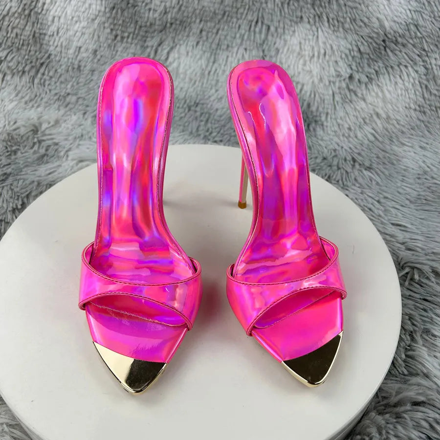 Fashion Sandals Women's New High Quality Pointed Toe Open Toe Shallow Mouth Laser Pink Crystal Slippers Modern Open Shoes