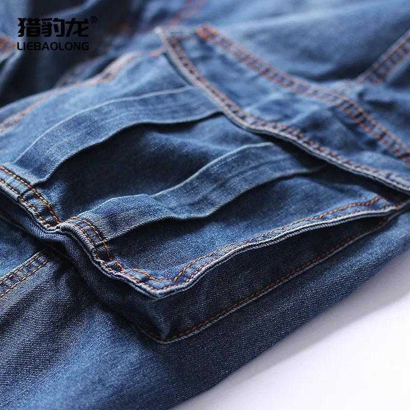 Men's Summer Loose Fit Cargo Short Jeans With Big Pockets Baggy Casual Work Denim Shorts Washed Blue Big Size