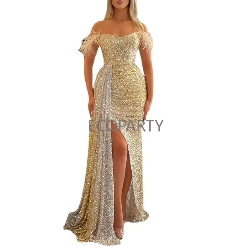 Spring Summer Formal Party Long Evening Dress with Split V-Neck Bronzing Bridesmaid Gold Color Gowns Dresses Women Dress vestido