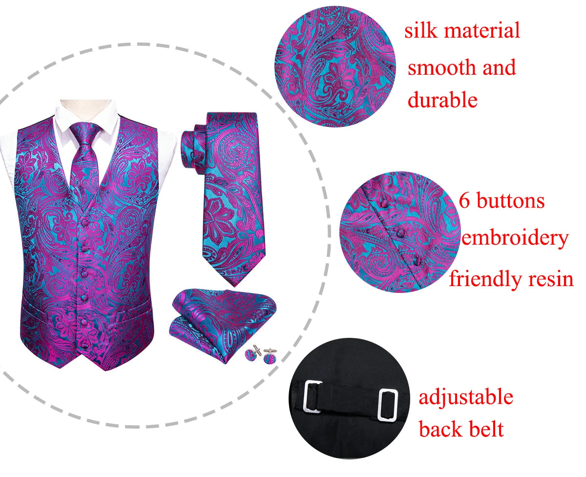 Designer Vest for Men Silk Embroidered Red Burgundy Paisley Waistcoat Tie Pocket Square Set Slim Fit Wedding Suit Barry Wang