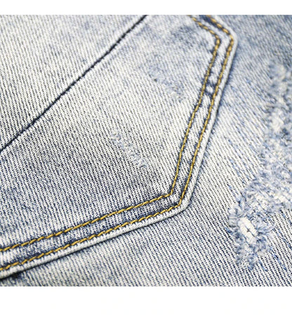 Autumn Winter New Trend Men's Straight Slim Jeans Ripped Hole Patch  Vintage Distressed Fashion Splicing Denim Pants Streetwear