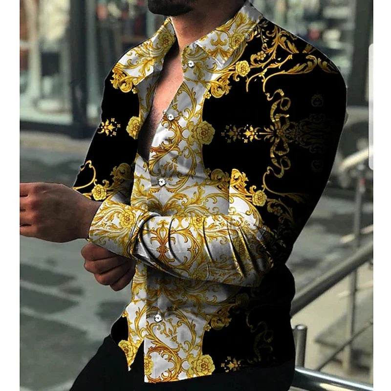 Fashion Luxury Social Men Long Sleeve Shirts Turn-down Collar Buttoned Shirt 2025 Mens Party Clothing Casual Flower Print Tops