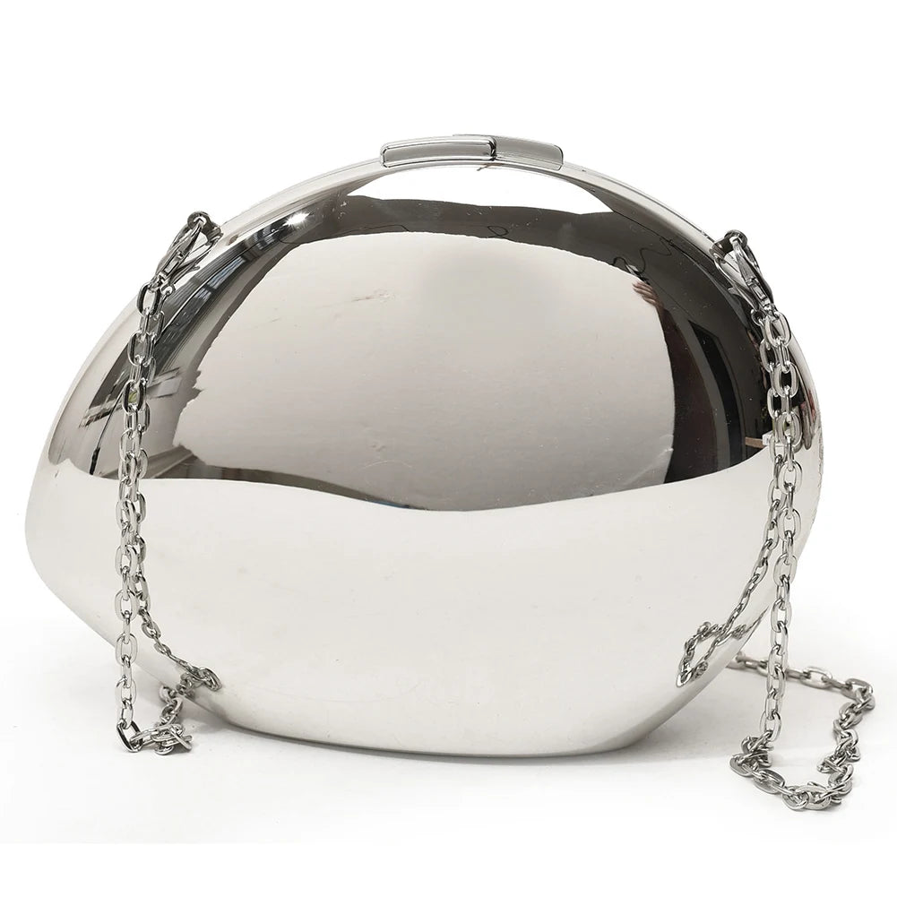 Women Metal Evening Bag with Chain Shoulder Bag Reflective Oval Shaped for Wedding Cocktail Prom Small Party Night Purses