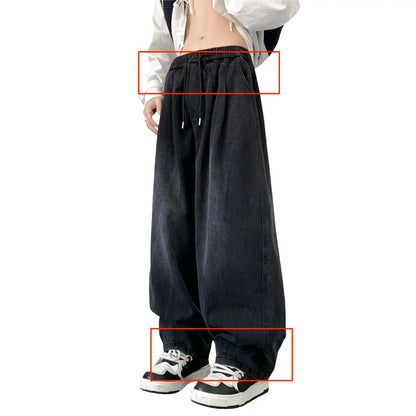 1Pc Trendy Oversize Jeans Zipper Fly/Drawstring Dressing Up Brushed Pants Thin Baggy Jeans Retro Wide Leg Man Pants Men Clothing