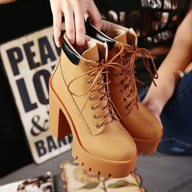 14CM Fashion Motorcycle Boots Women Leather Spring Autumn Metal Buckle High Heels Shoes Zipper brown Ankle Boots Woman Lacing