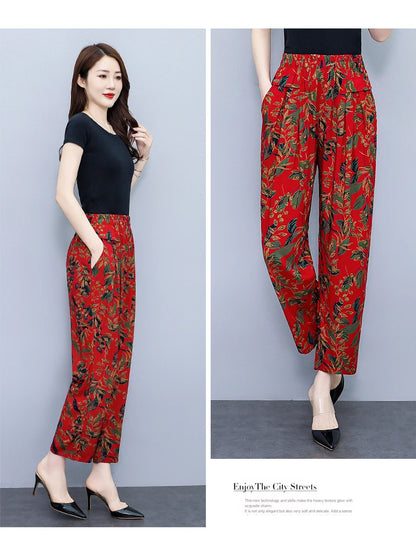 Women Pants High Waist Loose Print Summer Pants for Women Elastic Waist Vintage Clothing