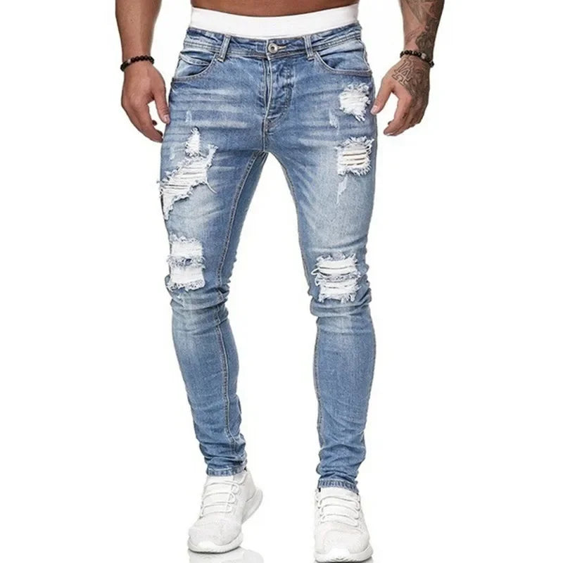 Ripped Skinny Jeans Men Casual Slim Fit Pencil Denim Pants Male Vintage Wash Solid Denim Trouser Hot Sale Fashion Street Style