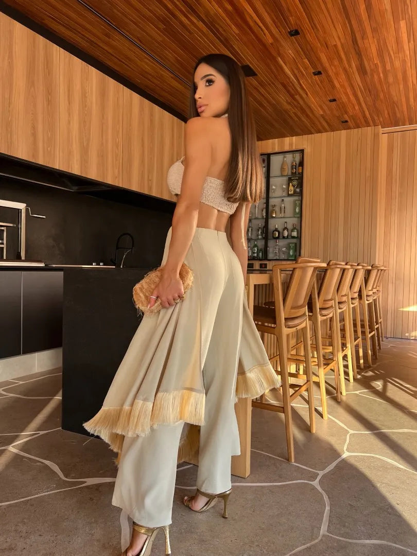 2025 New Sexy Tassel Two Piece Set With Pants Summer Women White Tube Top with Mesh Halter Pants Suit Female