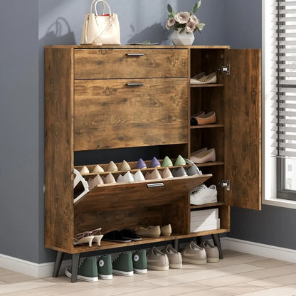 Shoe Rack Cabinet, Free Standing Shoes Storage Organizer Cabinet with 2 Flip Drawers, Entryway Narrow Shoe Rack Storage