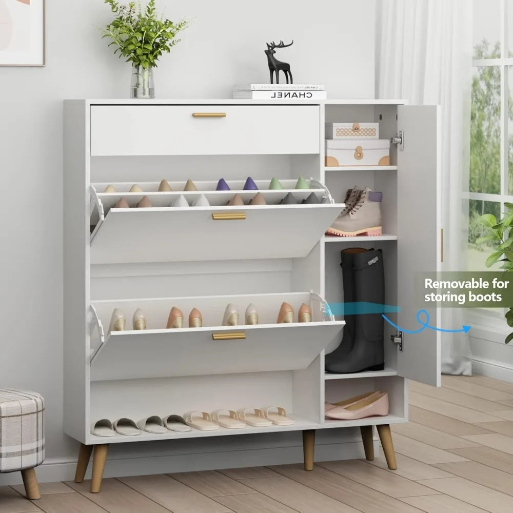 Shoe Rack Cabinet, Free Standing Shoes Storage Organizer Cabinet with 2 Flip Drawers, Entryway Narrow Shoe Rack Storage