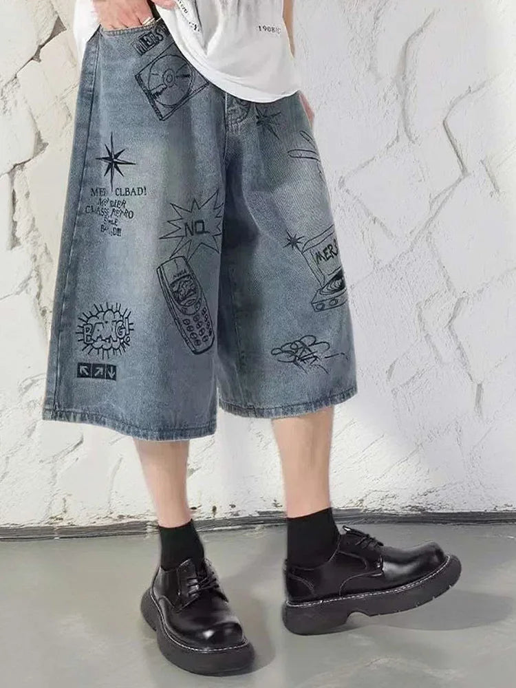 Summer Men Shorts Hip Hop Pockets Straight Wide Length Male Painted Harajuku Jeans Baggy Loose Cool Streetwear Short Pants