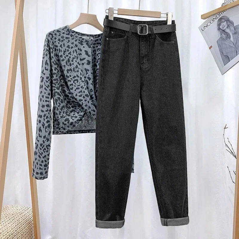 Women's Loose-Fit High-Waisted Fleece-Lined Jeans Slimming Thickened Warm Petite Nine-Point-Slim Fashion Trendy Spring Autumn Je