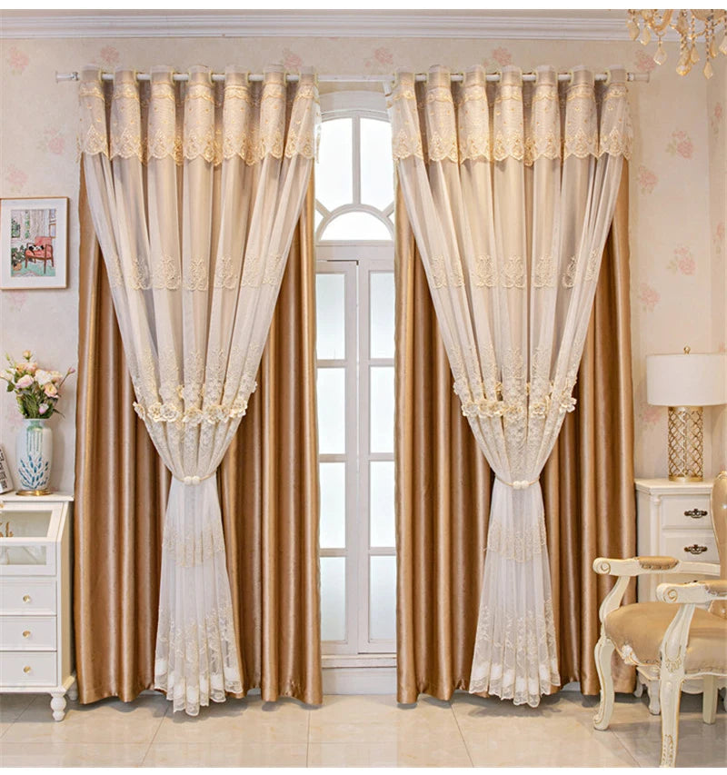 Embossed 3D Embroidered Luxury Double Layer Curtains for Living Room Bedroom Dining Elegant High Shading Coffe Windows Drapes