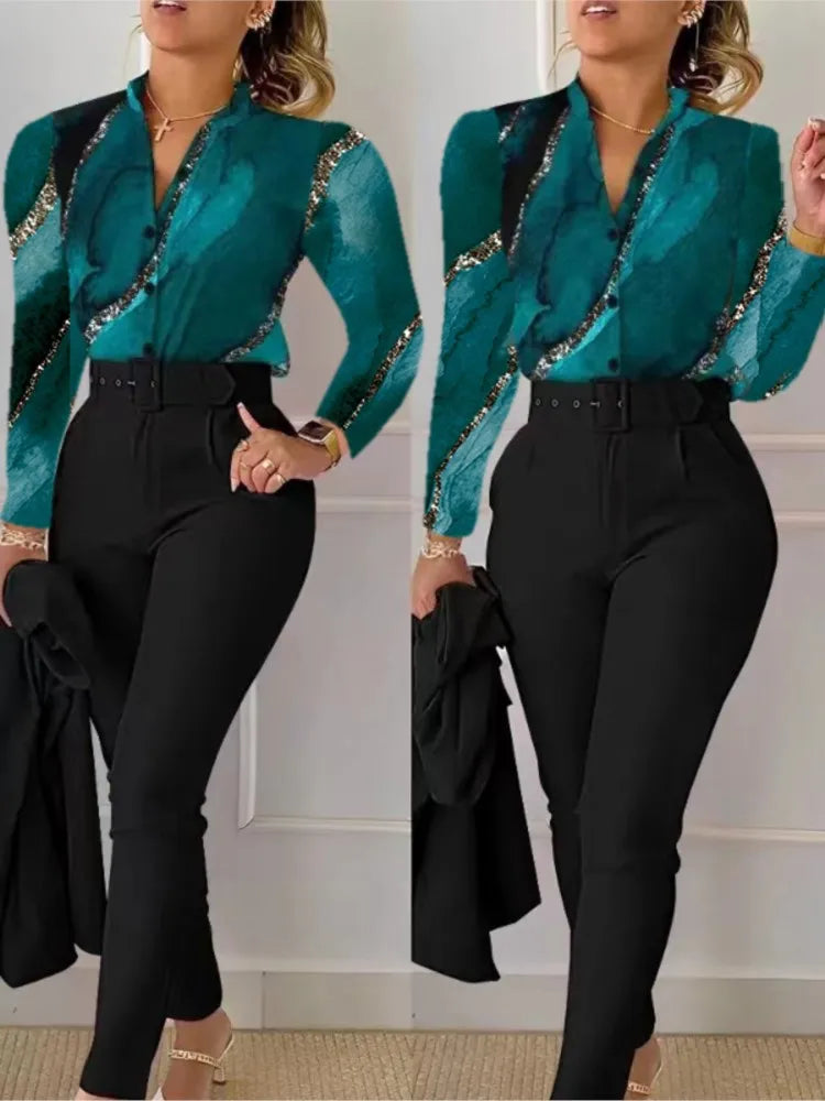 Elegant Women Two Piece Set Suits Fall New Fashion Print Long Sleeve Top Solid Color Pants Set With Belt  Blouses Female Clothes