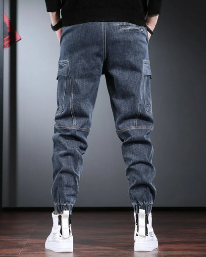 Autumn Jeans Men Baggy Cargo Pants Streetwear Hip Hop Casual Blue Gray Elastic Waist Denim Trousers CP2013