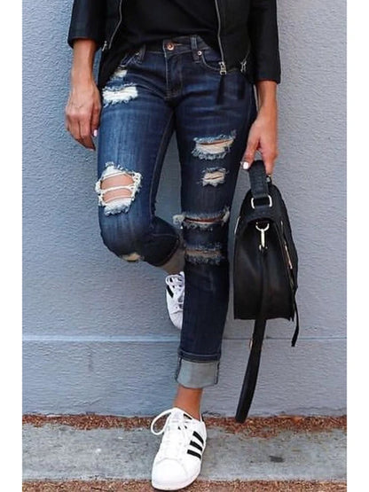 Women Stretchy Ripped Skinny Jeans Lady Hollow Out Pencil Long Pants Female Narrow Straight Leg Streetwear Bleached Y2k Trousers