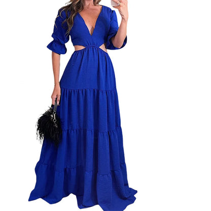 BAMBOOBOY Flare Sleeve Women Summer Dresses Deep V Neck Maxi Sundresses Solid Color Casual Hole Waist High Waist A-Line Dress