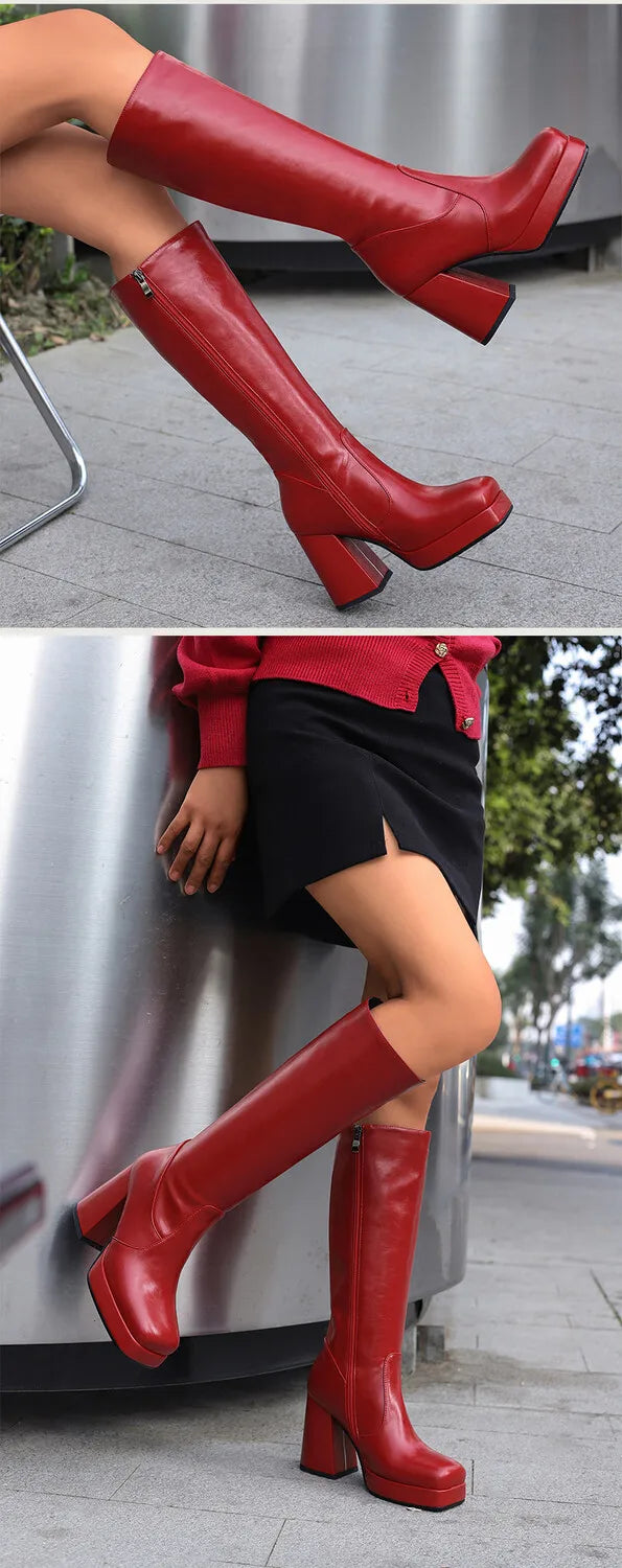 Square Toe Platform Ultra-High Thick Heel Soft PU Side Zipper Women's Knee High Boots With Plush Lining Autumn New Knight Boots