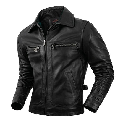 Pure Top Layer Cowhide Genuine Leather Jacket Men's Slim Fit  Lapel Motorcycle Jackets Classical Black Zipper Leather Coat