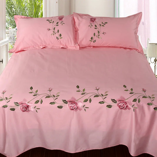 Cotton twill Embroidered Bed Sheets Set LUXURY Bedding Set Wrinkle & Fade Resistant Hypoallergenic Sheet & Pillow Case Set Queen