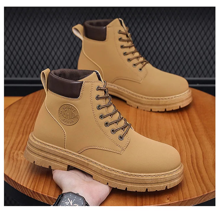 Men's Boots Autumn New High Top Workwear Boots British Style Korean Version Thick Soled Lace Up Anti Slip Warm Waterproof Boots