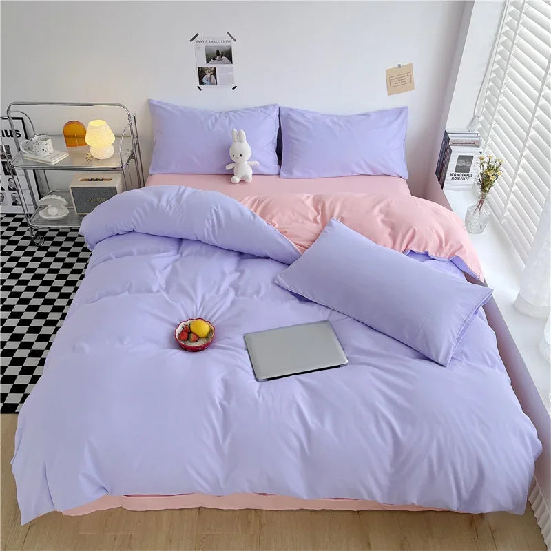 Simple Style 100% Washed Cotton Duvet Cover Queen King 3 Pieces Solid Color Bedding Set, 1 Quilt Cover and 2 Pillowcases, Purple