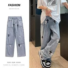 2023 New Men's Jeans Loose Fit Casual Style Vintage Cargo Pants Trendy Male Fashion Straight Blue Stretch Denim Trousers