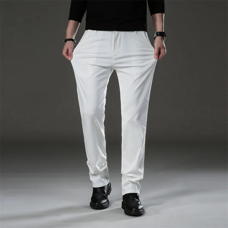 2022 Autumn New Men's Cotton Straight Casual Pants Business Fashion Solid Color Elasticity White Trousers Male Brand Clothing