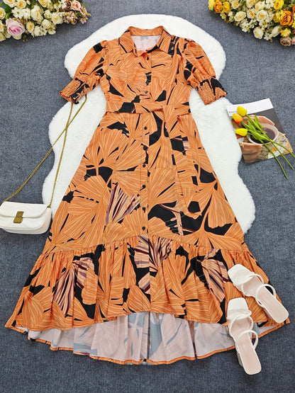 Women Floral Print Long Dress Summer Casual  Turn-down Collar Half Sleeve Loose Big Swing Dress Female Vintage  Beach Maxi Dress