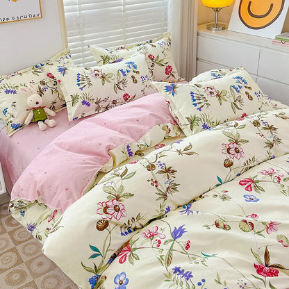 Cute Home Comforter Bedding Sets Washed Cotton Duvet Cover Flat Bed Sheet Set Twin Full Queen King Size Bed For Girls Couple