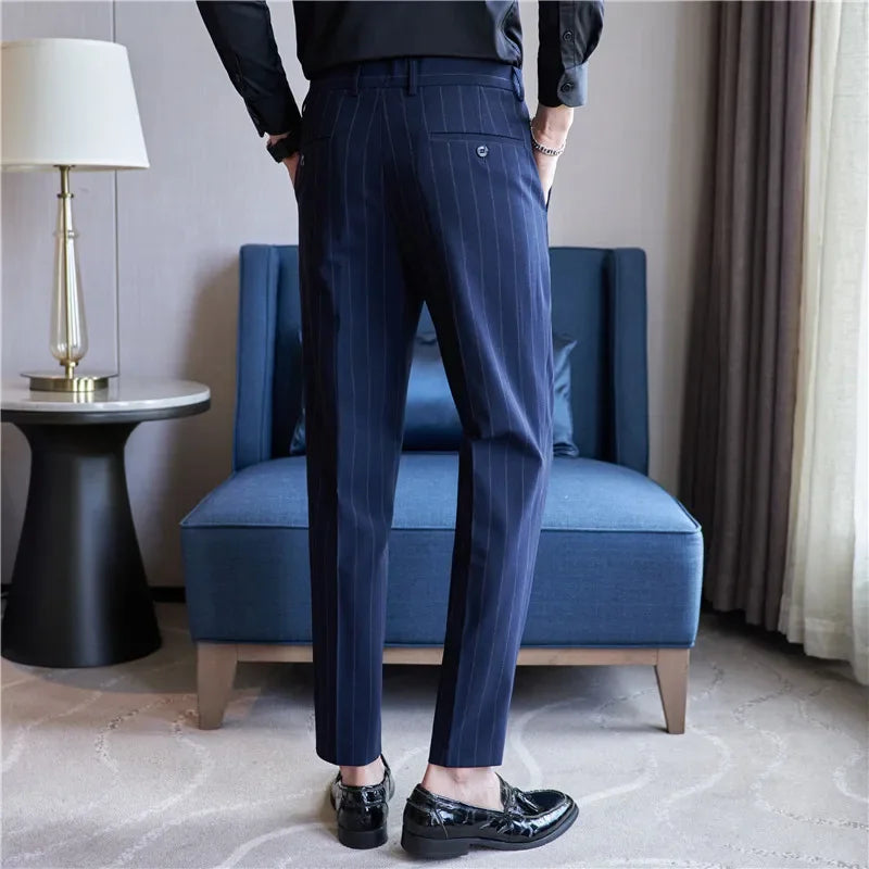 Men's Striped Suit Pants Elastic 2024 Autumn New Social Casual Trousers Slim Fit Suit Pants Business Office Wedding Men Clothing