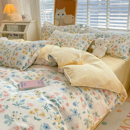 Cute Home Comforter Bedding Sets Washed Cotton Duvet Cover Flat Bed Sheet Set Twin Full Queen King Size Bed For Girls Couple