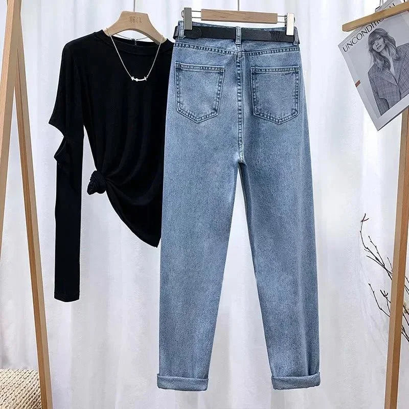 Women's Loose-Fit High-Waisted Fleece-Lined Jeans Slimming Thickened Warm Petite Nine-Point-Slim Fashion Trendy Spring Autumn Je