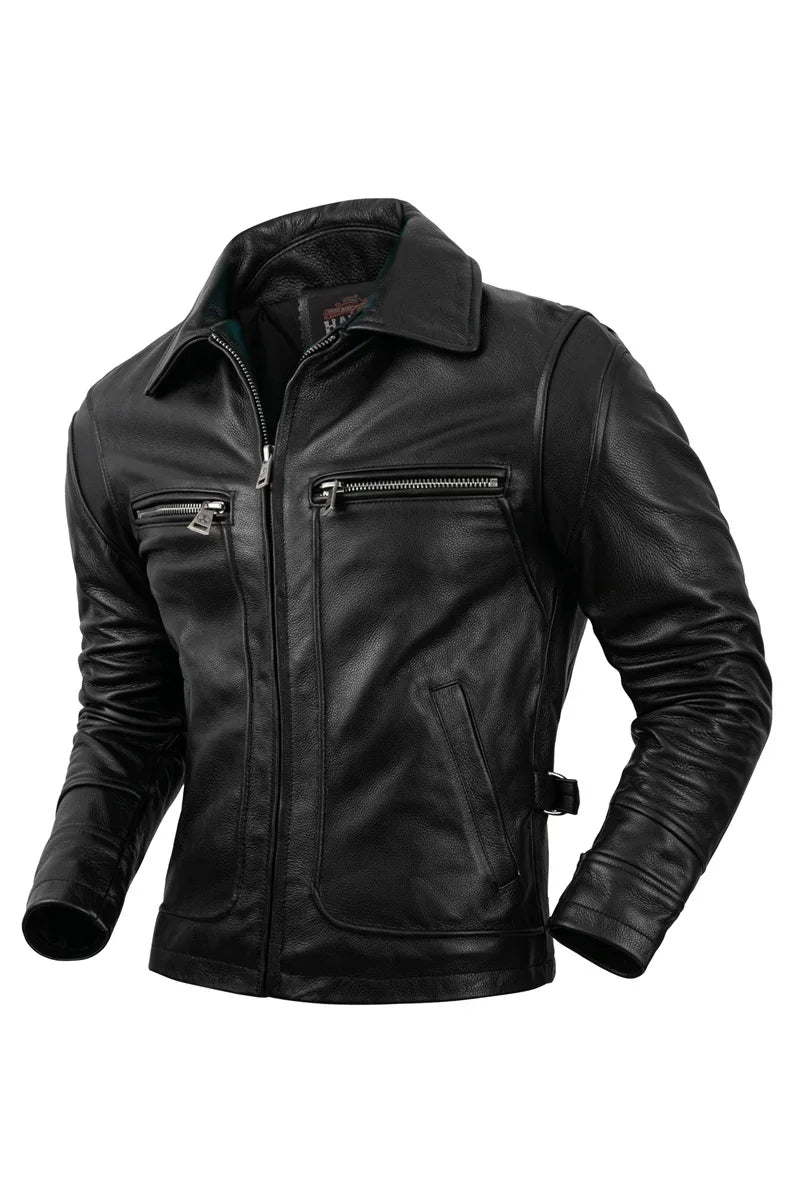 Pure Top Layer Cowhide Genuine Leather Jacket Men's Slim Fit  Lapel Motorcycle Jackets Classical Black Zipper Leather Coat