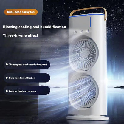 New Spray Air Conditioning Fan Dual Head Refrigeration Fan Household Portable Cooling Fandesktop Mini Electric Fan With Light