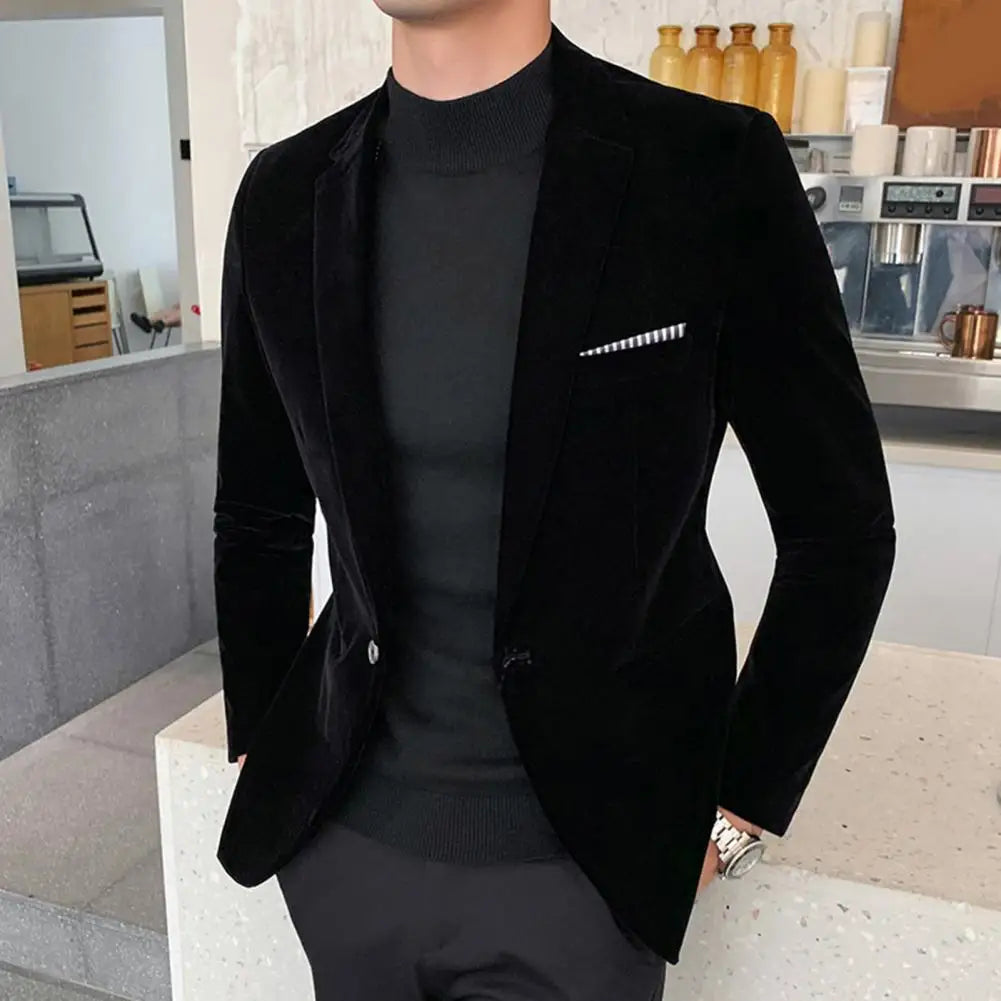 Velvet Men Blazer Lapel Turndown Collar One Button Slim Fit Men Suit Coat Elegant Velvet Lining Formal Suit Jacket Men Outwear