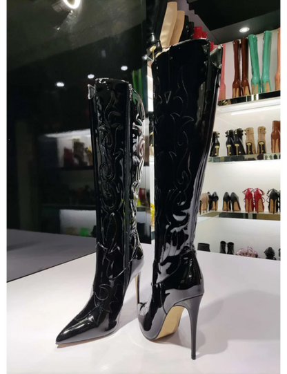 White/Black Embroidery Sexy Knee High Boots Women's Patent Leather Pointed Toe High Heels Zip Long Boot Luxury Designer Shoes