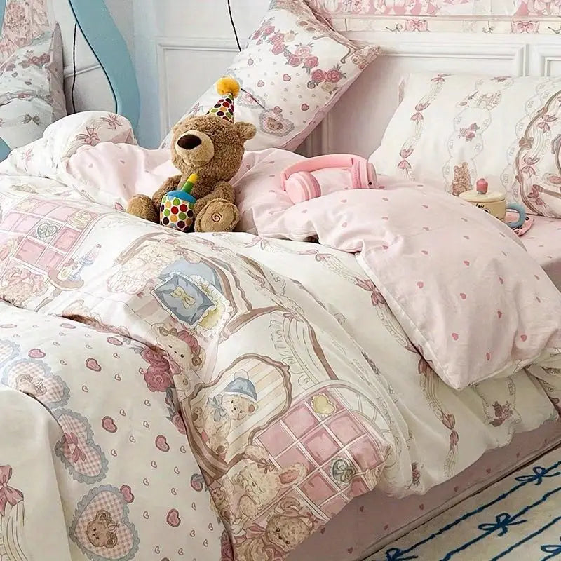 Kawaii Bedding Set for Kids Ins Twin Queen Size Duvet Cover Flat Sheet Pillowcase No Filler Girls Boys Home Totel Bed Linens