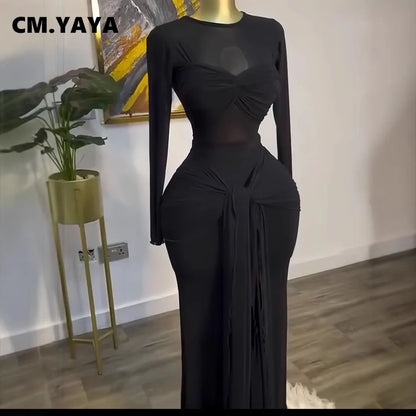 CM.YAYA Women Mesh See Though Long Sleeve Maxi Bowknot Long Dress 2025 Evening Sexy Club Party Evening High Street Dresses