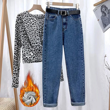 Women's Loose-Fit High-Waisted Fleece-Lined Jeans Slimming Thickened Warm Petite Nine-Point-Slim Fashion Trendy Spring Autumn Je