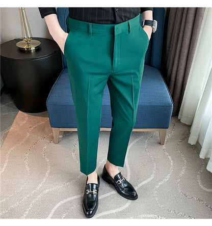 9 Color Summer Fashion Mens Suit Pants Pure Color Business Formal Pants Slim Fit Office Mens Wedding Social Ankle Long Trousers