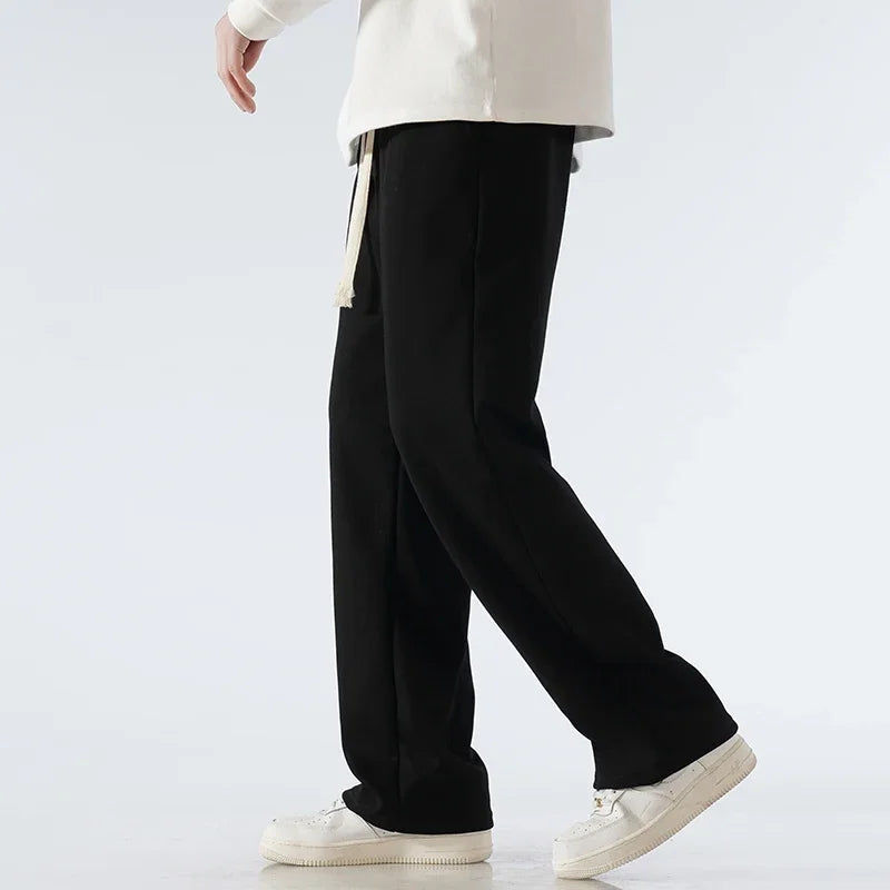 Men's Pants Wide Leg Cotton Fabric Straight Loose Outdoor Solid Color Knitted Sweatpants High-quality Soft Long Baggy Trousers