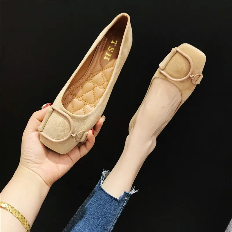 Flat Shoes for Women Spring 2023 New Suede Square Toe Shallow Cut Flat Bottomed Lefu Soft Bean Shoes Ladies big size 44 45 46