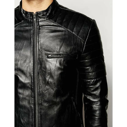 100% Genuine Leather Men's Slim Fit Black Rock Style Bicycle Jacket Fashionable Trend