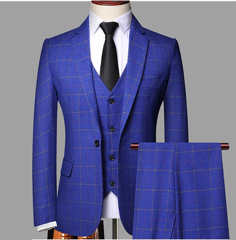 2025 New Men's Three-pieces Fashion Plaid Slim Business Party Formal Elegant Blazer Sets (Jacket+Pants+Vest) Prom Wedding Groom