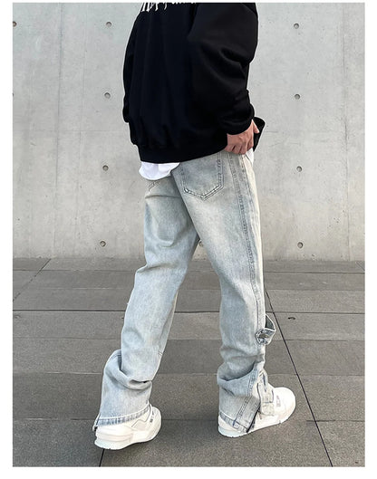 Streetwear Jeans Men Y2k Autumn Fashion Casual Zip Flared Trousers Slim Blue Vintage Winter Stacked Street Original Denim Pants